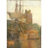 Continental School (19thC). Riverscape with church, houses and a three masted sailing ship, oil on c