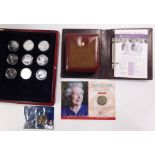 A set of nine silver commemorative medallions from the Queen Elizabeth Birthday Collection, with cer