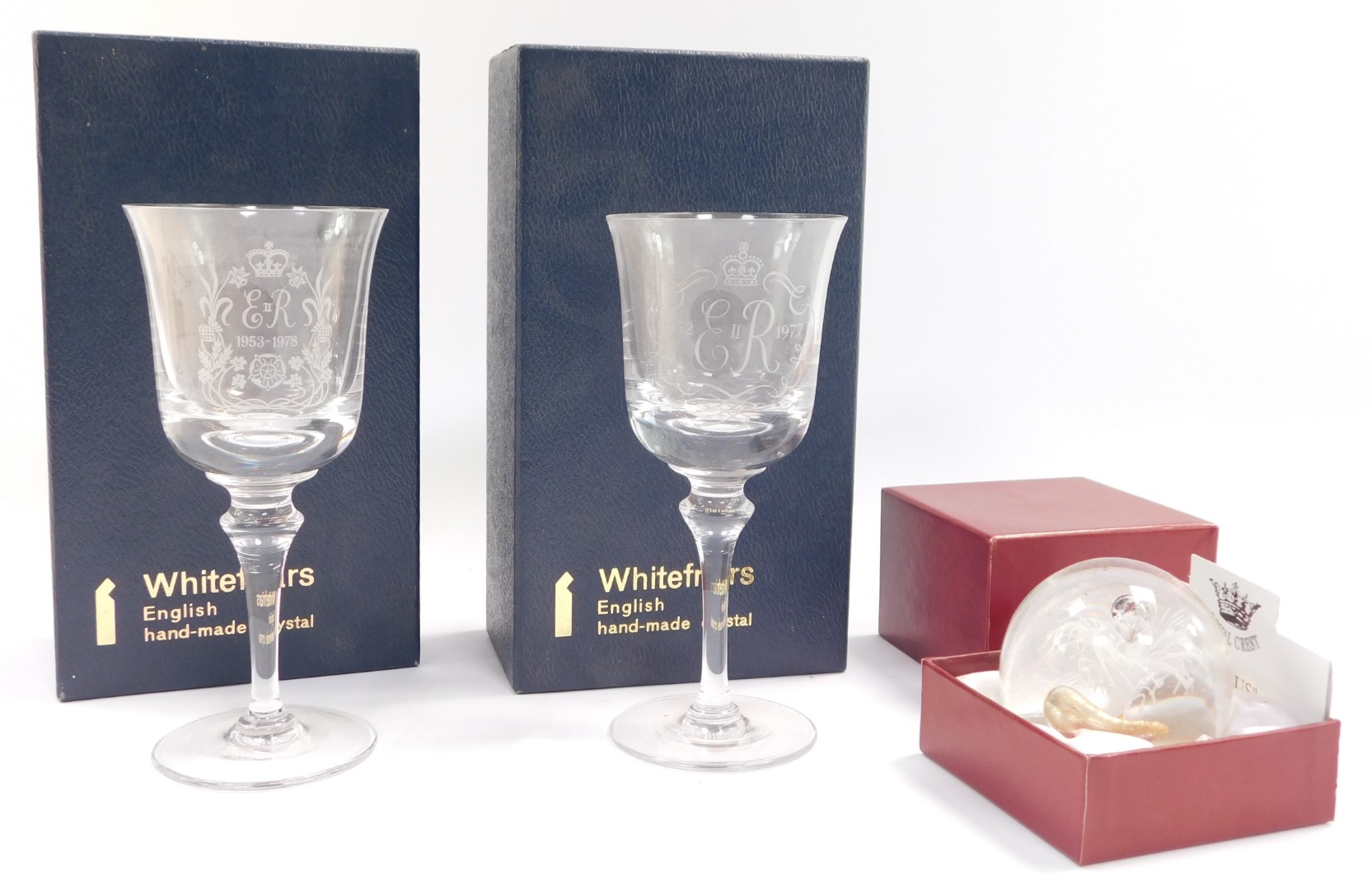 Two Whitefriars crystal wine glasses for the 1977 Silver Jubilee, boxed, and a Royal Crest Cirus box
