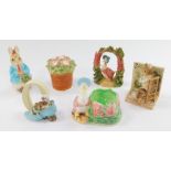 The World of Beatrix Potter ceramics figures, including The Old Woman Who Lived In A Shoe, and Peter