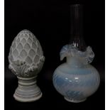 An opalescent glass oil lamp shade, clear glass chimney and a moulded glass pineapple finial, the fo