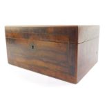 A Victorian cross banded walnut work box, with brass inlay, 15cm high, 30cm wide, 21cm deep.