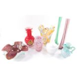 Glass ware, to include two mottled vases, two tall bud vases, Venetian bowl, etc. (8)