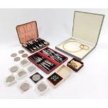 A collection of items, to include costume jewellery, a set of six silver apostle spoons, commemorati