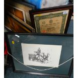 Pictures and prints, to include a Russian Loan of The City of Kieff 1914 certificate, a print of hor