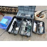 A collection of toolboxes, small tools, saws, etc. (contents of 4 boxes, 1 bucket and a toolbox)