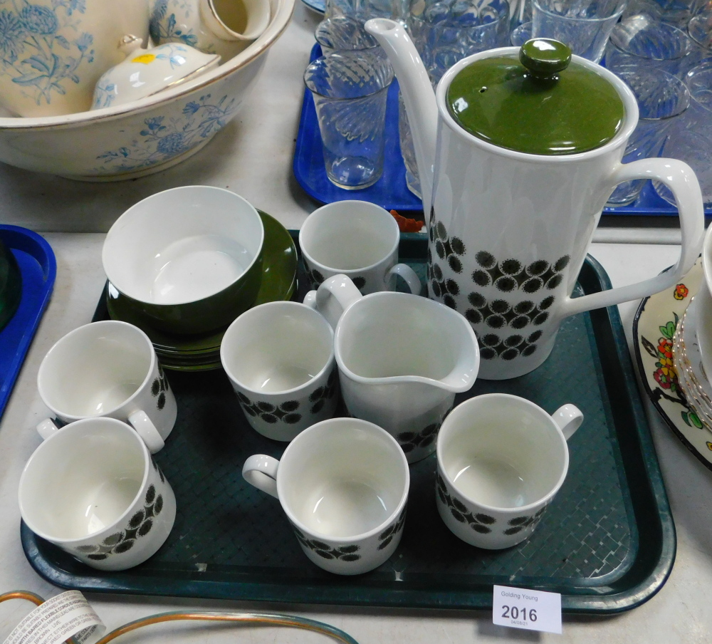 A Johnson Bros vintage pottery part coffee service decorated in the Camelot pattern, green and white