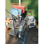 A collection of sundry effects, comprising a metal rack, work bench, two tool boxes, clothes airer,