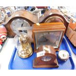 Two oak cased mantel clocks, together with other mantel clocks, anniversary clock, etc. (1 tray plus