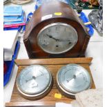 An Enfield oak cased wall clock, with Arabic numeral dial, and an oak cased thermometer and baromete