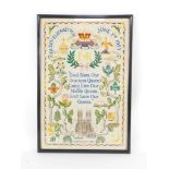 A Queen Elizabeth II Coronation pictorial and motto sampler, in colours, set with Westminster Abbey