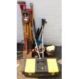 A Stanley Classic tool box, with a selection of tools to include hand drill, saws, etc. and a collec