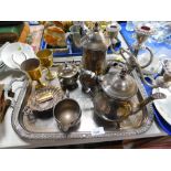 A collection of silver plated wares, to include a pair of shell shaped dishes, a two handled tray, t