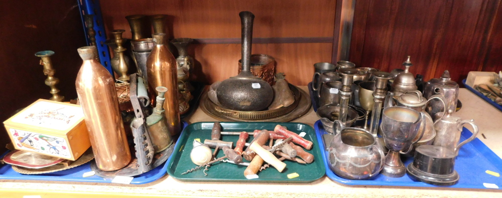 Plated wares, etc to include a pair of candlesticks, sucrier, trophy, brass vases, plates jugs, bras