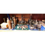 Plated wares, etc to include a pair of candlesticks, sucrier, trophy, brass vases, plates jugs, bras