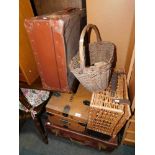 Two suitcases, two wicker baskets, metal bound chest, and a strong box. (6)