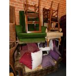Two wing armchairs, a 1930's sofa and five bedroom chairs. (8) The upholstery in this lot does not c