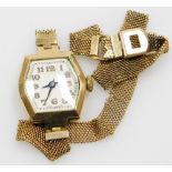 A 9ct gold ladies wristwatch, with hexagonal shaped watch head, on a fine weave bracelet (AF), 13.1g