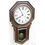 An American Ansonia oak cased drop dial wall clock, with a white painted circular dial with Roman nu