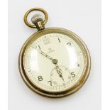 An Omega military silver plated pocket watch, with cream coloured dial in a steel casing with milita