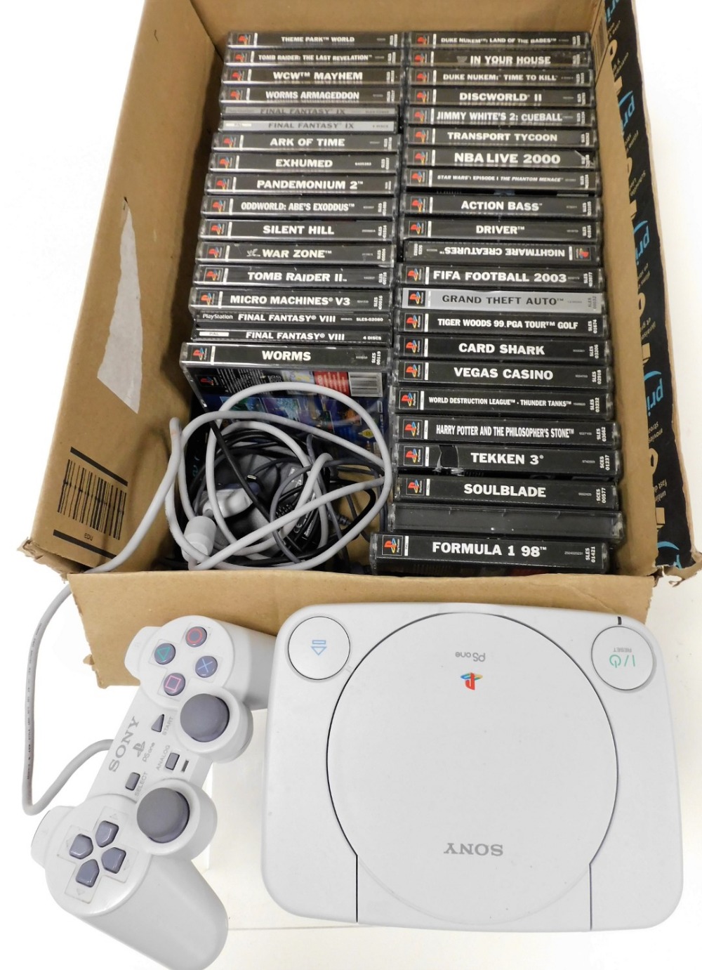 A Sony PS1 and various games and controller.