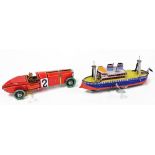 Two modern tin plate clock work toys, comprising a ship and a racing car.
