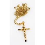 A 9ct gold crucifix pendant and chain, the small crucifix pendant on a box link chain, the pendant 3