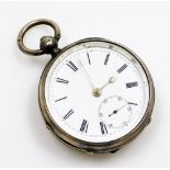 A silver cased pocket watch, with white enamelled dial and Roman numerals with seconds dial and gold