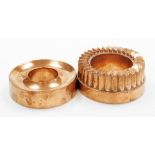 Two Victorian ring jelly moulds, to include one of plain design with inset border, 4cm high, 15cm wi
