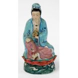 20thC Chinese figure of a lady, in flowing robes, in turquoise and blue, holding a vase, on shaped b