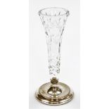 An early 20thC cut glass stem vase, on a silver stepped base, with beaded detailing, Birmingham 1985