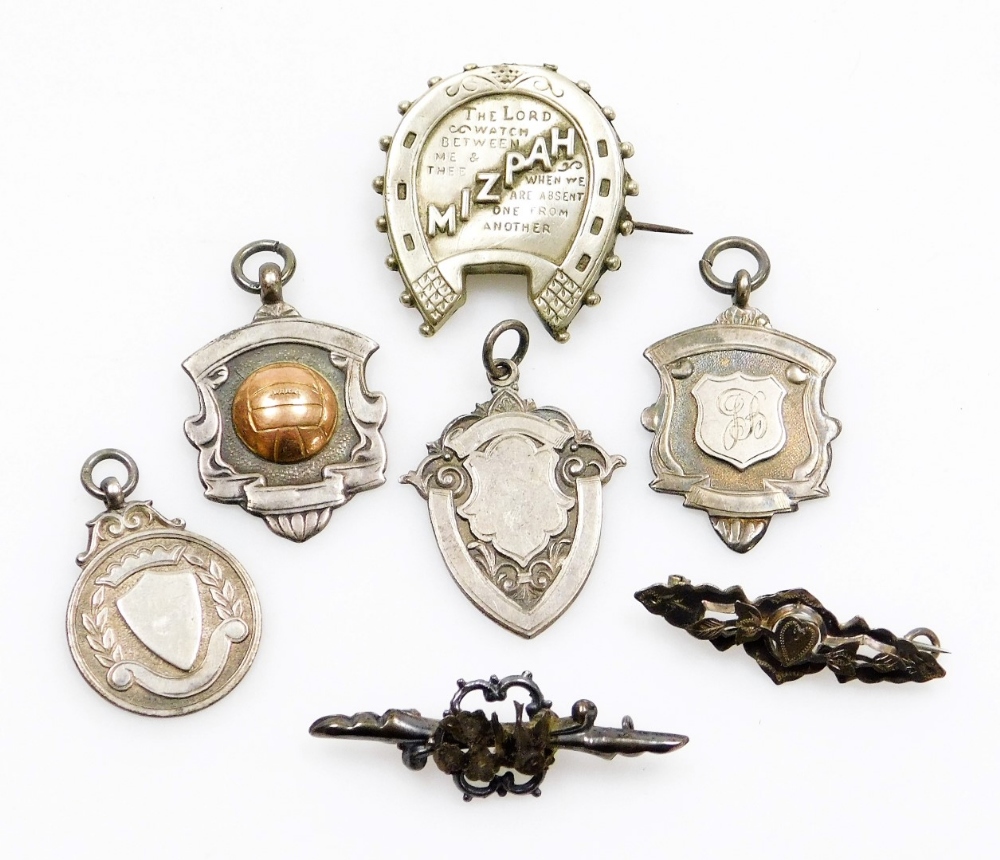 A small group of silver and other jewellery, to include four silver fobs, a steel mispah brooch, and