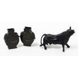 Various trinkets, to include a miniature bronzed figure of a bull, 9.5cm high, 12cm wide, and a pair