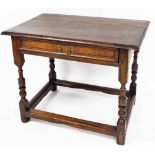 A 17thC and later oak side table, with three plank top, single frieze drawer with brass swan neck ha