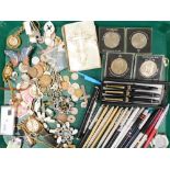 Various pens and accessories, fountain pens, pen sets, costume jewellery, Ronson chrome plated pocke