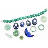 A group of jade, lapis and malachite jewellery, to include light jade dress rings, malachite heart s