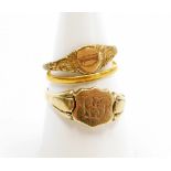 Three various rings, to include a thin wedding band possibly 22ct but hallmarks rubbed, 1.1g, a gilt