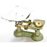 A set of Avery kitchen scales, painted in green metallic finish with enamel bowl and two weights, 18