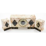 An Art Deco marble clock garniture, in pink and cream finish with applied black diamond detailing, w