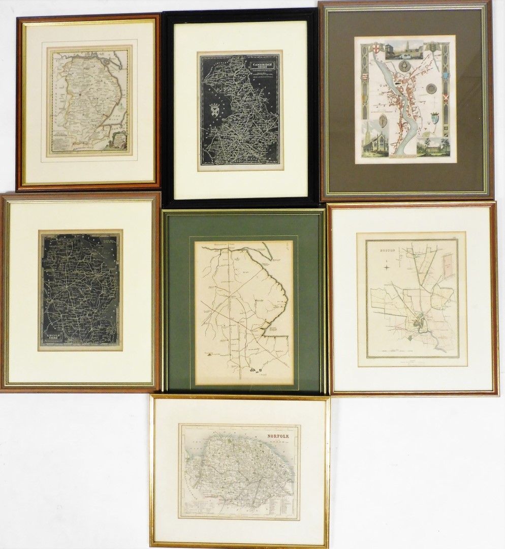 Various framed maps, to include map of Cambridgeshire, Lindsey and Kesteven, Norfolk, town plan of B