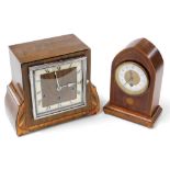 Two mantel clocks, to include a Sheritan revival mantel clock, 23cm high, and a walnut veneered 50's