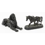 Two bronze effect ornaments, to include a horse and dog spelter figure group, 13cm high, 19cm wide,