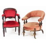 A Victorian chair, with pink draylon material on oak baluster supports, and a later mahogany example