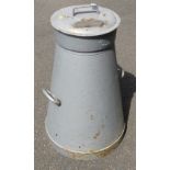 A J Lowe Bradwall metal milk churn and lid, 84cm high.