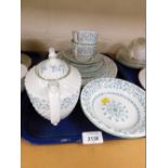 An Aynsley Forget Me Not pattern part tea and dinner service, comprising teapot, two cups and saucer