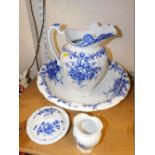 A Victorian Staffordshire blue and white pottery wash set decorated with flowers, comprising, wash j