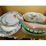 A group of ceramics, to include a Maling lustre boat shaped bowl, and two Maling lustre side dishes,