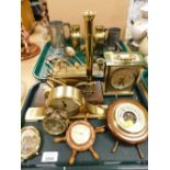 Various brassware, Stephensons rocket table model, barometers, mantel clocks, pewter, other metalwar