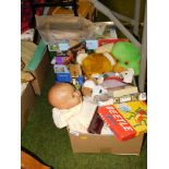 Various toys and games, jigsaws, tennis racket, cuddly toys, playing cards, etc.