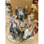 Various Capodimonte large size ornaments, figure groups, tramps, figures reading, chess match, etc.